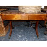 A REGENCY MARQUETRIED ROSEWOOD TWO DRAWER SOFA TABLE ON BRASS FOLIATE CAPPED CASTER FEET. W 94 x