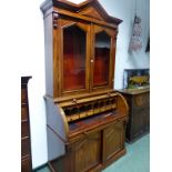 A 19th C. MAHOGANY CYLINDER BUREAU DISPLAY CABINET, THE TRIANGLE IN THE PEDIMENT REPEATED AT THE TOP