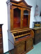 A 19th C. MAHOGANY CYLINDER BUREAU DISPLAY CABINET, THE TRIANGLE IN THE PEDIMENT REPEATED AT THE TOP