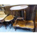 A MAHOGANY OVAL TWO TIER TABLE, A SATIN WOOD CROSSBANDED MAHOGANY OCTAGONAL TABLE AND A SHAPED