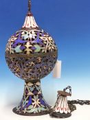 AN EGYPTIAN ENAMELLED COPPER MOSQUE LAMP, THE PIERCED BALUSTER SHAPE DECORATED IN BLUE, TURQUOISE