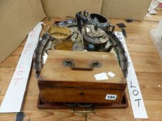 A VICTORIAN MAHOGANY WORKBOX, A MAHOGANY TRAY, A SILVER PLATED TRAY, AND A TEA SET.