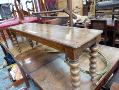 A MAHOGANY TOWEL RAIL TOGETHER WITH AN OAK BENCH ON BOBBIN TURNED LEGS. W 120 x D 28 x h 45cms.