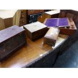 A VICTORIAN BRASS BOUND WRITING BOX, A CARVED HARDWOOD BOX, A BAROGRAPH CASE AND ONE OTHER BOX.