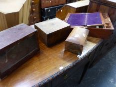 A VICTORIAN BRASS BOUND WRITING BOX, A CARVED HARDWOOD BOX, A BAROGRAPH CASE AND ONE OTHER BOX.