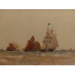 THOMAS BUSH HARDY (1842 - 1897). SHIPPING OFF CALAIS, SIGNED WATERCOLOUR, 40 x 68cms.
