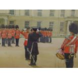 D.J CURTIS (1948 - ) ARR. GUARD MOUNTING AT WELLINGTON BARRACKS. SIGNED WATERCOLOUR GALLERY LABEL