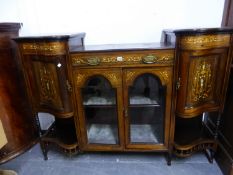 A LATE VICTORIAN ROSEWOOD AND INLAID SIDE CABINET. W 153 X D 50 X H 109CMS.