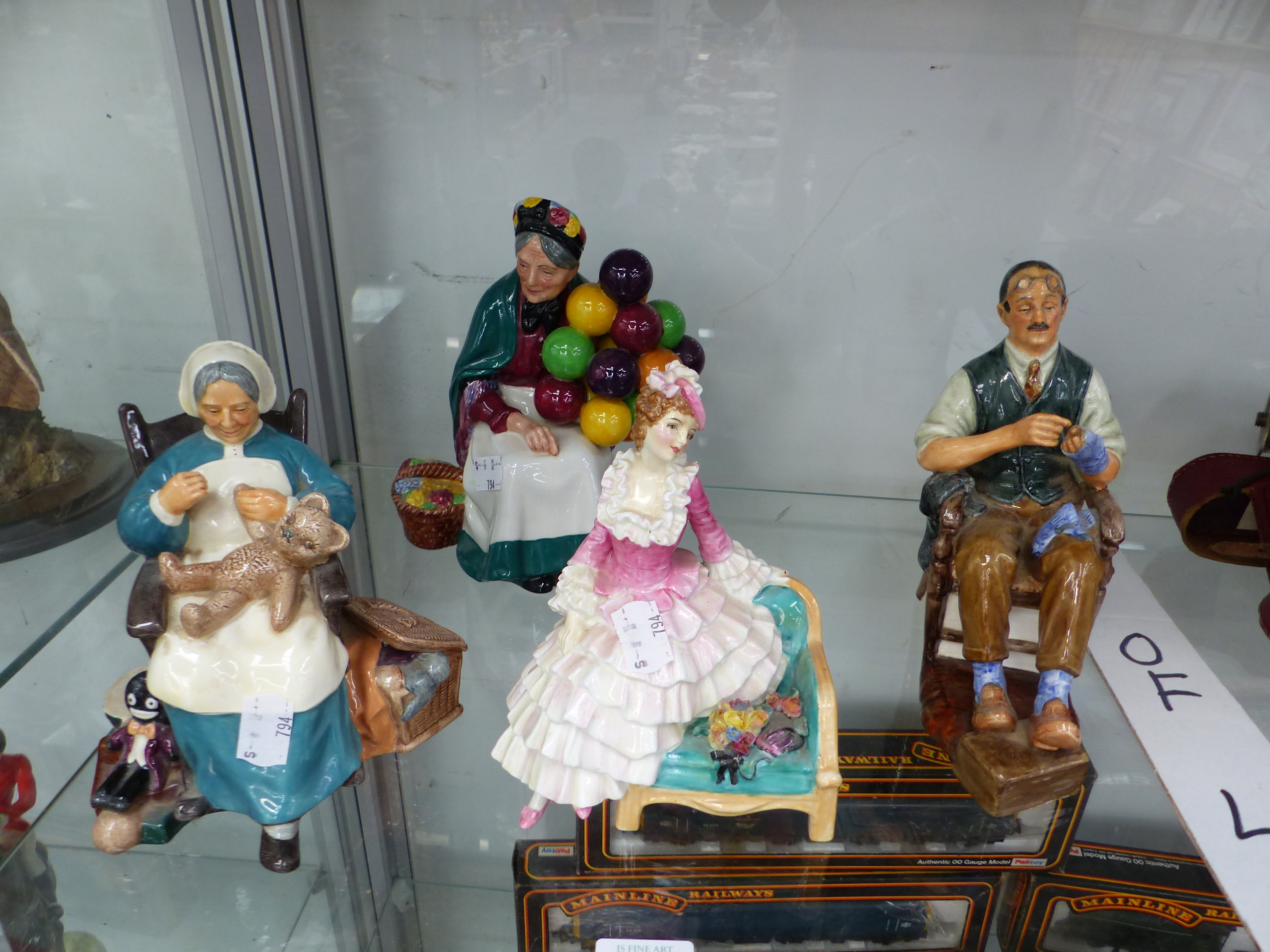 FOUR ROYAL DOULTON FIGURINES TO INCLUDE, THE BATCHELOR, SONIA, NANNY AND THE BALLOON SELLER.