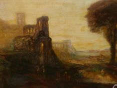 19th C. SCHOOL IN THE MANNER OF TURNER. AN ARCADIAN LANDSCAPE. OIL ON CANVAS 61 x 101cm