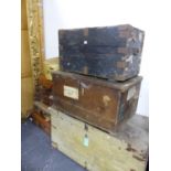 THREE ANTIQUE WOODEN TRUNKS TOGETHER WITH A HAT BOX AND SUITCASES MAINLY IN LEATHER