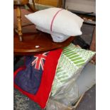 A QUANTITY OF VARIOUS CURTAINS, CUSHIONS ETC.