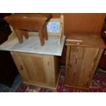 A PINE BEDSIDE CUPBOARD, A STOOL AND A MARBLE TOPPED TILE BACKED PINE WASHSTAND