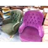 TWO SIMILAR BUTTON BACKED CHAIRS UPHOLSTERED IN PURPLE AND IN SEA GREEN VELVET
