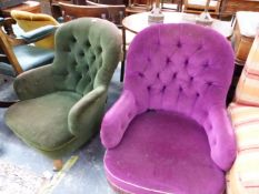 TWO SIMILAR BUTTON BACKED CHAIRS UPHOLSTERED IN PURPLE AND IN SEA GREEN VELVET