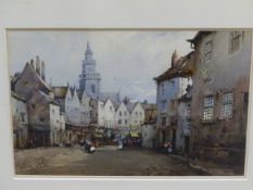 NOEL H LEAVER (1889-1951) THE TOWN MARKET, SIGNED WATERCOLOUR 18 x 26cm