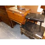AN ANTIQUE TIN TRUNK, TWO LOW TABLES, TWO FOLDING CAKE STANDS AND A STICK STAND AND CONTENTS.