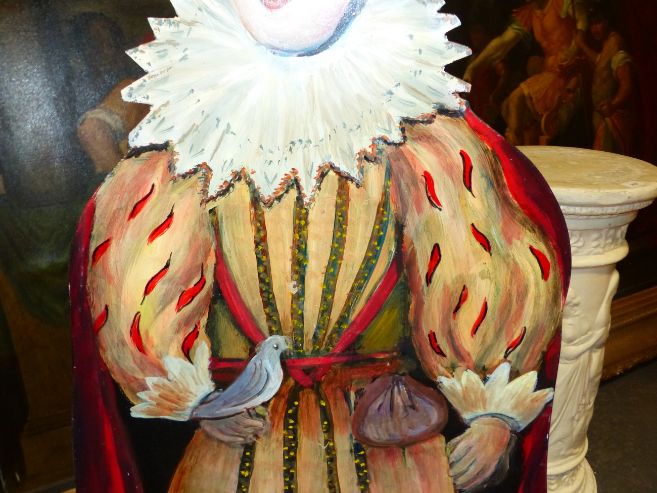 AN OIL PAINTED DUMMY BOARD DEPICTING AN ELIZABETHAN LADY OUT HAWKING. H 83cms. - Image 3 of 5