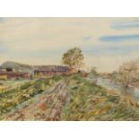 •RALPH HARTLEY (1926-1988) ARR. RURAL FARM BUILDINGS SIGNED WATERCOLOUR 55 x 77cm. TOGETHER WITH TWO