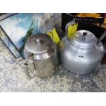 TWO VINTAGE RANGE KETTLES AND THREE AIRCRAFT PRINTS.