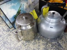 TWO VINTAGE RANGE KETTLES AND THREE AIRCRAFT PRINTS.