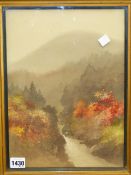 20th CENTURY JAPANESE SCHOOL. A WOODED RIVER VALLEY, SIGNED INDISTINCTLY. 33 x 24cms. TOGETHER