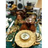 TWO VICTORIAN COPPER KETTLES, A STABLE LANTERN, SPIT JACK, TWO CLOCKS ETC.