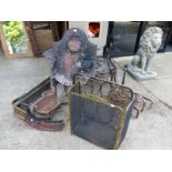 A LARGE CAST IRON FIRE BASKET FOR RESTORATION, TWO SPARK GUARDS, TWO FENDERS, A PAIR OF FIRE DOGS,