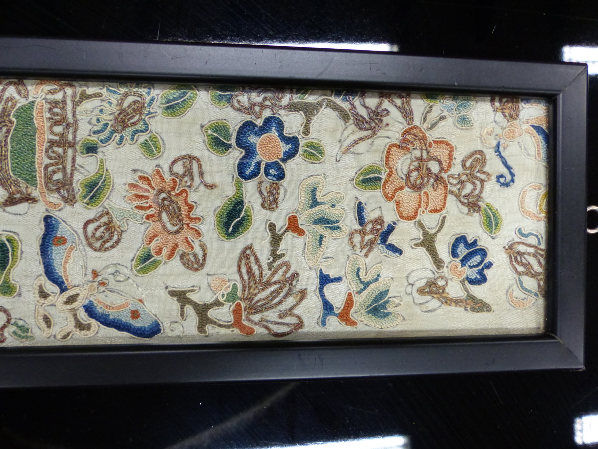 THREE CHINESE SLEEVE PANELS VARIOUSLY SILK EMBROIDERED WITH FLOWERS, BUTTERFLIES, PAVILIONS AND - Image 2 of 18