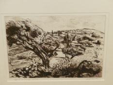 •JEFF CLARKE ( 1935 - ) ARR A CRETAN LANDSCAPE. PENCIL SIGNED ETCHING. 26 x 32 cm TOGETHER WITH