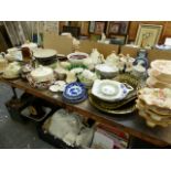 VARIOUS CHINA WARES TO INCLUDE JAPANESE BLUE AND WHITE, SPODES POLKA DOT, MEAT PLATTERS, CRESCENT
