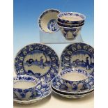 A SET OF SIX CHINESE BLUE AND WHITE TEA BOWLS AND SAUCERS, THE LATTER CENTRALLY PAINTED WITH A