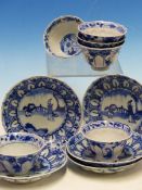 A SET OF SIX CHINESE BLUE AND WHITE TEA BOWLS AND SAUCERS, THE LATTER CENTRALLY PAINTED WITH A