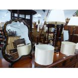 TWO DRESSING TABLE MIRRORS, TWO PAIRS OF BRASS TOPPED MAHOGANY CANDLESTICK TABLE LAMPS AND ANOTHER