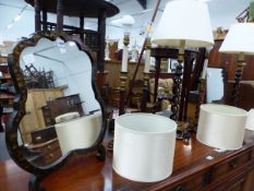 TWO DRESSING TABLE MIRRORS, TWO PAIRS OF BRASS TOPPED MAHOGANY CANDLESTICK TABLE LAMPS AND ANOTHER