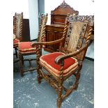 A SET OF EIGHT WALNUT LATE STUART STYLE DINING CHAIRS TO ONCLUDE TWO WITH ARMS, EACH WITH