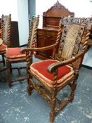 A SET OF EIGHT WALNUT LATE STUART STYLE DINING CHAIRS TO ONCLUDE TWO WITH ARMS, EACH WITH