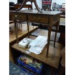 AN OAK OCTAGONAL TRIPOD TABLE WITH A CHESSBOARD TOP, A CROSS BANDED OAK TWO DRAWER TABLE TOGETHER WI