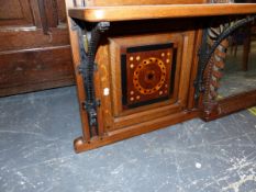 AN AESTHETIC PERIOD OAK MIRROR BACK SIDE BOARD, THE MIRROR FLANKED BY IRON BRACKET SUPPORTED SHELVES