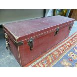 A LOUIS VUITTON RED REXINE SLOPE BACKED CAR TRUNK WITH INTERIOR LIFT OUT TRAY. W 105cms.