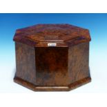 A BURR YEW WOOD OCTAGONAL BOX, THE STEPPED LID WITH A HINGE TO ONE SIDE. W 31.5cms