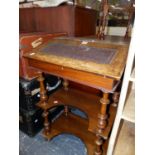 A VICTORIAN MARQUETRIED MAHOGANY DAVENPORT DESK, THE LEATHER INSET FALL ABOVE TWO OPEN SHELVES. W 56