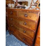A VICTORIAN MAHOGANY CHEST OF TWO SHORT AND THREE GRADED LONG DRAWERS ON BRACKET FEET. W 104 x D