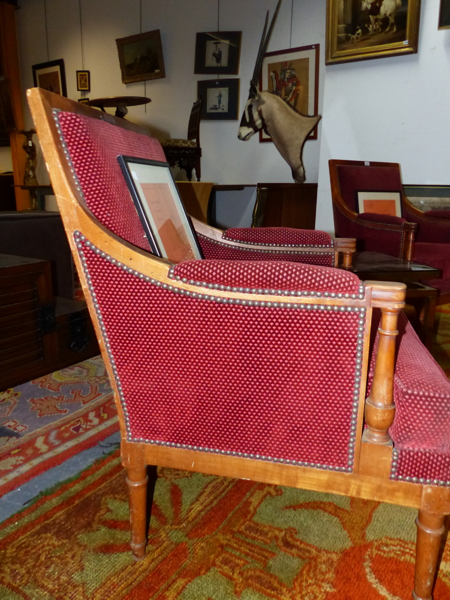 A PAIR OF FRENCH NEOCLASSIC FRUITWOOD SHOW FRAME ARMCHAIRS, THE SQUARED BACK ARMS AND SEATS UPHOLSTE - Image 5 of 6