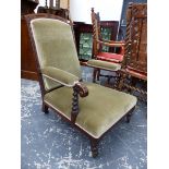 A VICTORIAN OAK SHOW FRAMED ARMCHAIR UPHOLSTERED IN PALE OLIVE VELVET, THE ARM FRONTS SUPPORTED ON