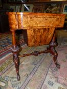 A VICTORIAN MARQUETRIED BURR WALNUT WORK TABLE, THE FITTED DRAWER AND SLIDE OUT WORK BAG BETWEEN GU