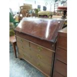 A GEORGE III MAHOGANY BUREAU WITH TWO SHORT AND TWO LONG DRAWERS ON BRACKET FEET. W 91 x D 51 x H