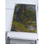 CONTEMPORARY SCHOOL A WOODLAND POND, OIL ON CANVAS, UNFRAMED 122 x 87cm