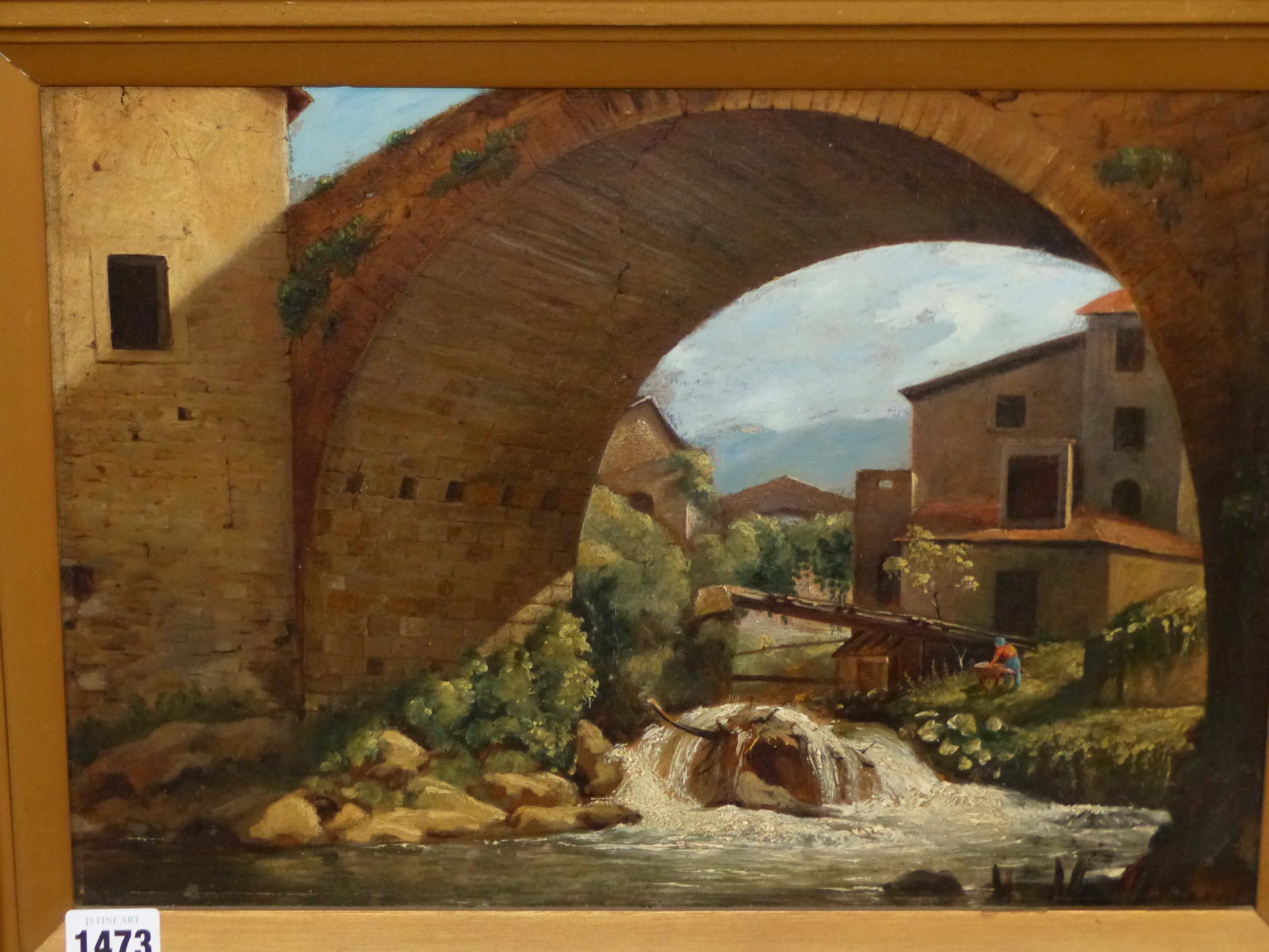 19th / 20th C CONTINENTAL SCHOOL. A NORTH ITALIAN RIVERSIDE VILLAGE, INDISTINCTLY INITIALLED OIL - Image 2 of 10