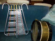 A BANDSMAN'S XYLOPHONE BY DIXON TOGETHER WITH A SMALL BRASS DRUM.